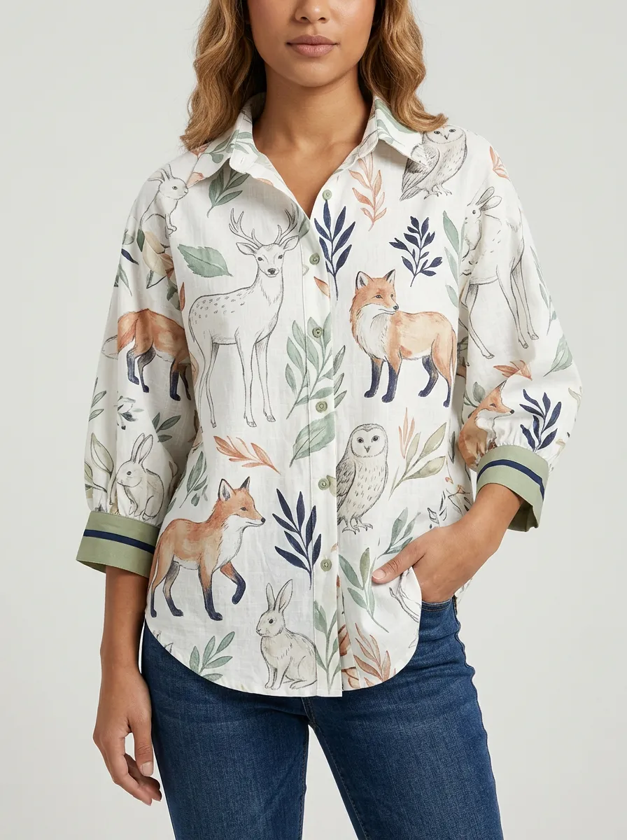 Women's Woodland Animal Forest Deer Fox Printed Button-up Shirt