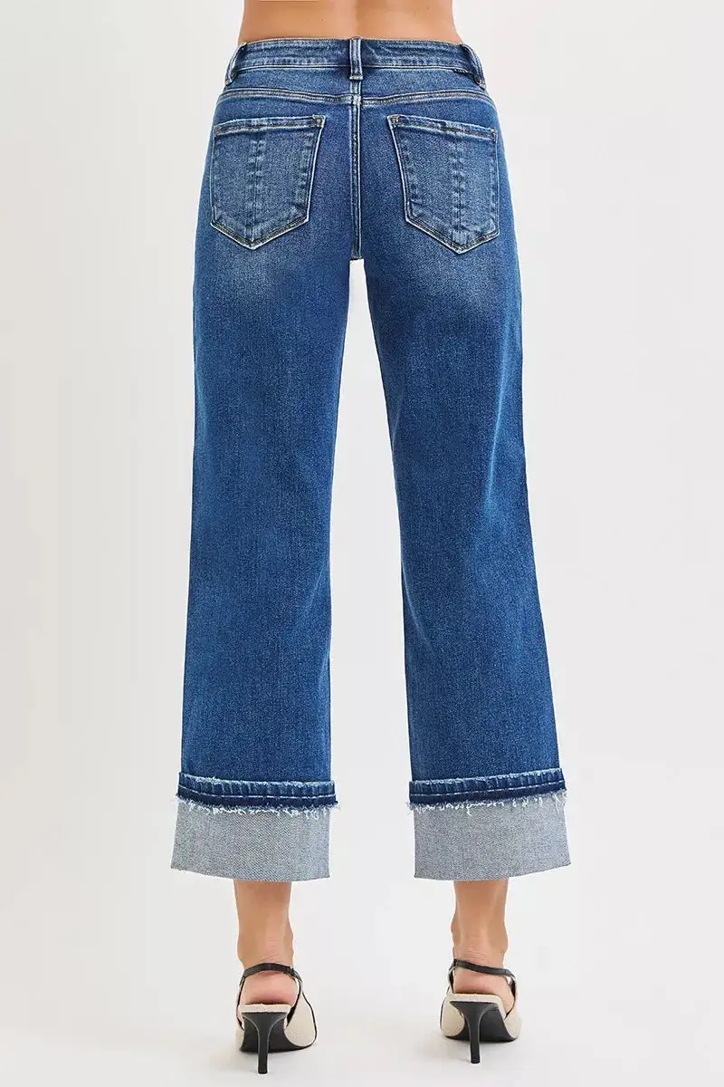 Mid Rise Straight Leg Cuffed Denim Jeans