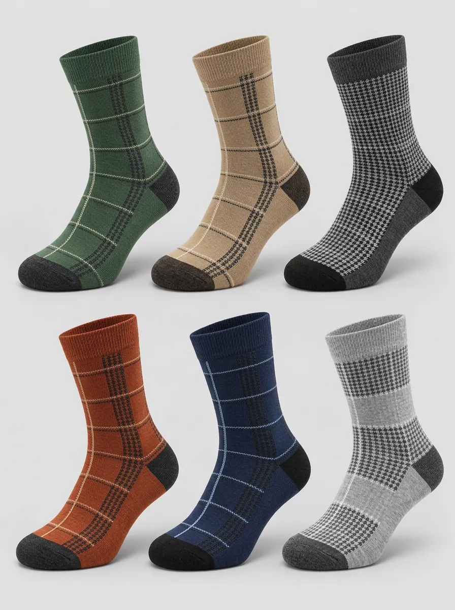 Men's Vintage Plaid Houndstooth Patterned Crew Socks 6-Pack