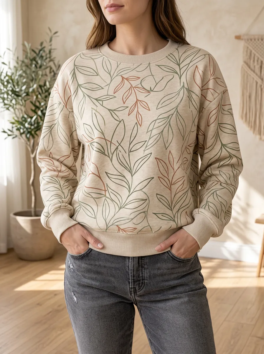 Women's Leaf Print Crewneck Sweatshirt Fleece Leaf Print
