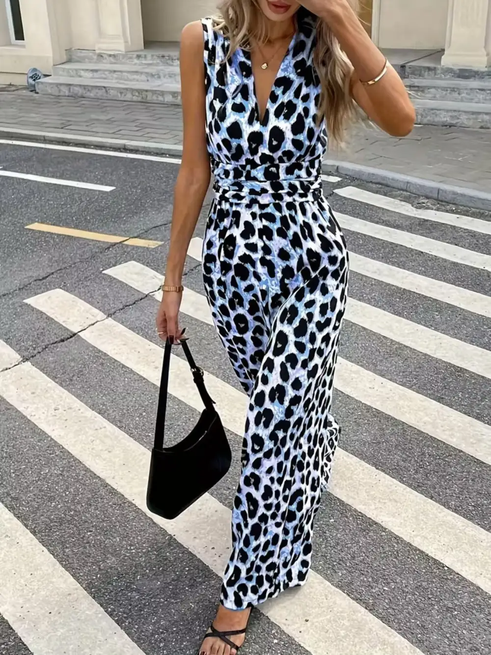Sleeveless V Neck Leopard Print Wide Jumpsuit