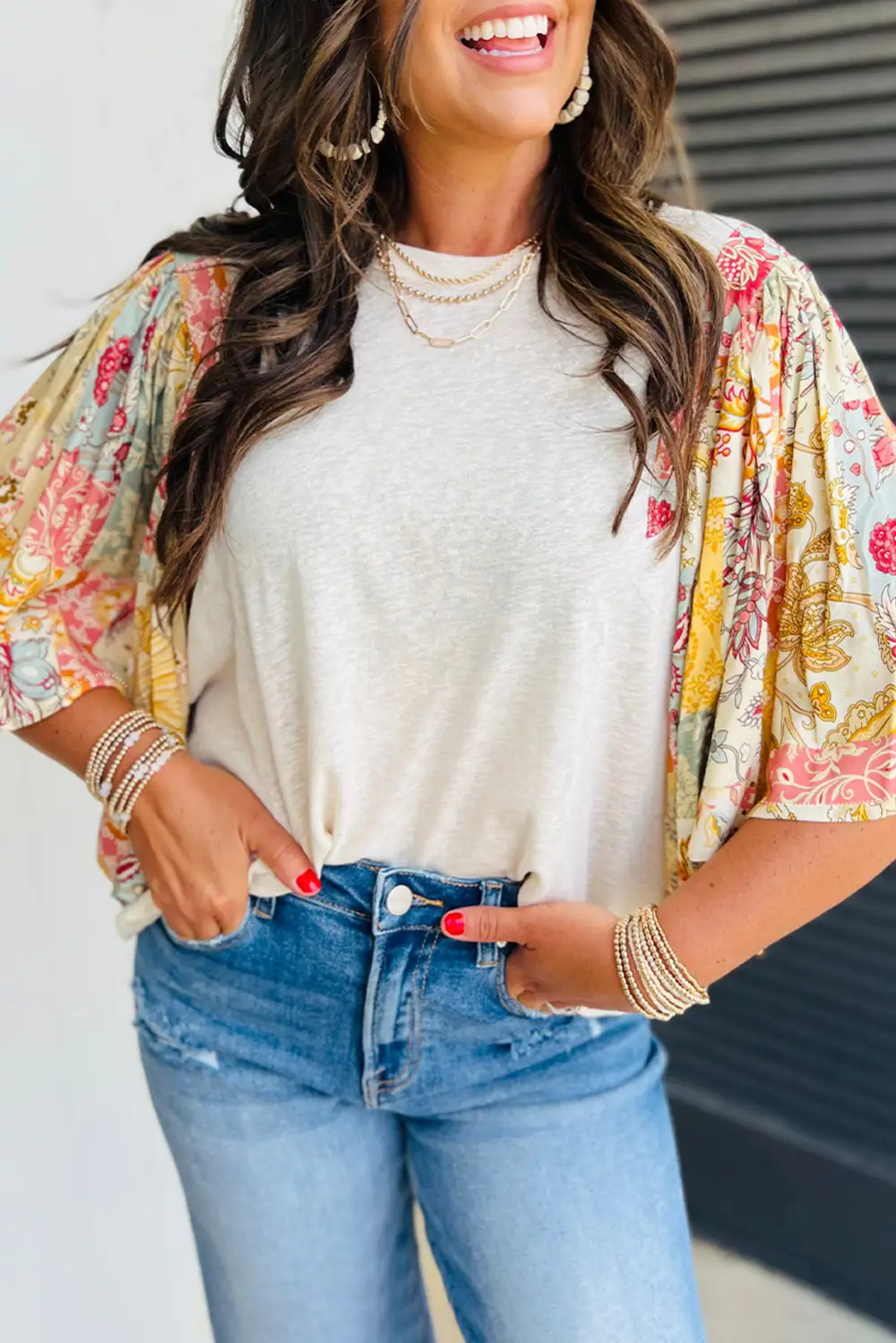 Women's Floral Print Patchwork Batwing Sleeve Top