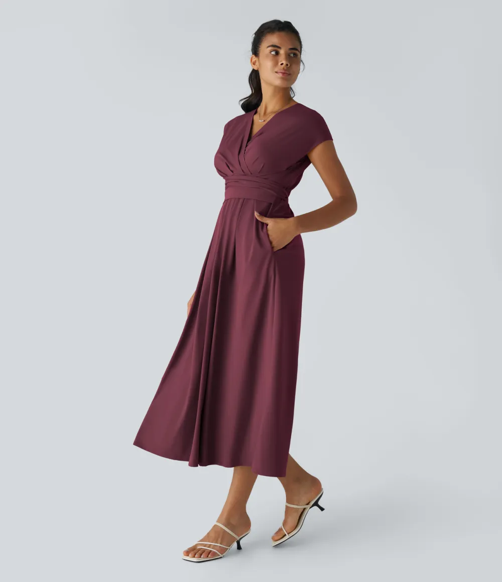 Breezeful V Neck Short Sleeve Side Pocket Tie Back Quick Dry Midi Casual Dress
