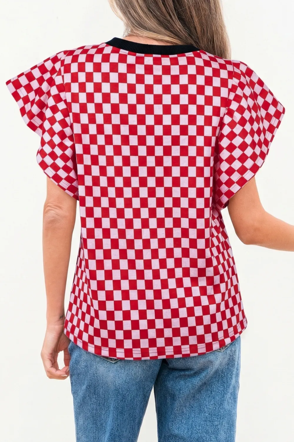 Red Checkered Print Ruffle Short Sleeve Top