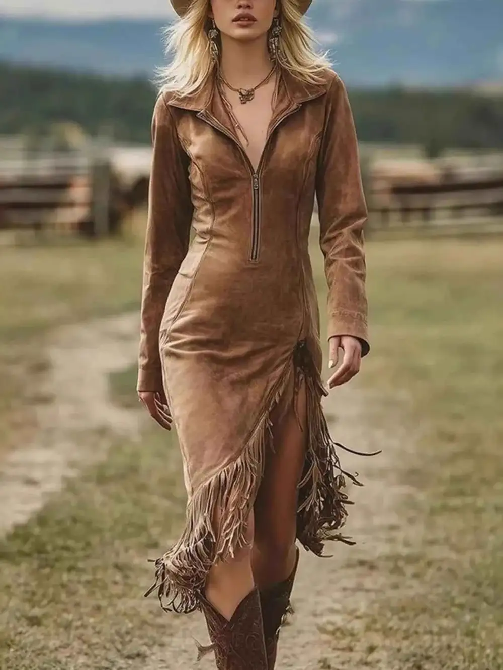 Plus Size Fringe Hem Zip Front Bodycon Dress