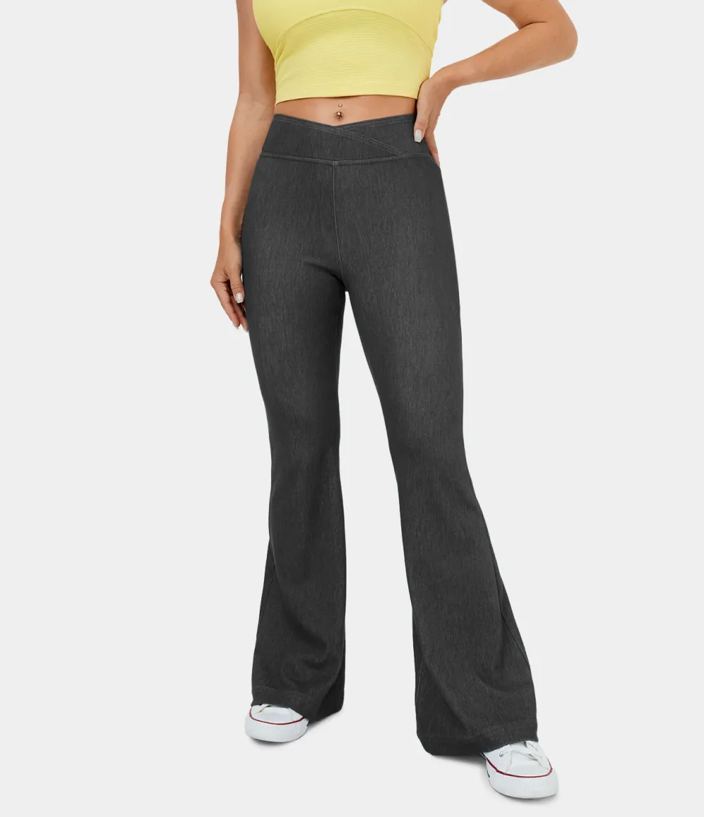 Magic High Waisted Crossover Back Pocket Stretchy Knit Casual Flare Jeans
