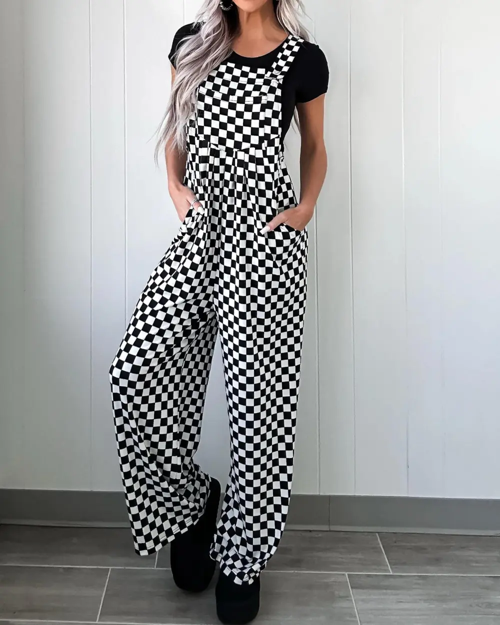 Checkered Wide Leg Jumpsuit - Black