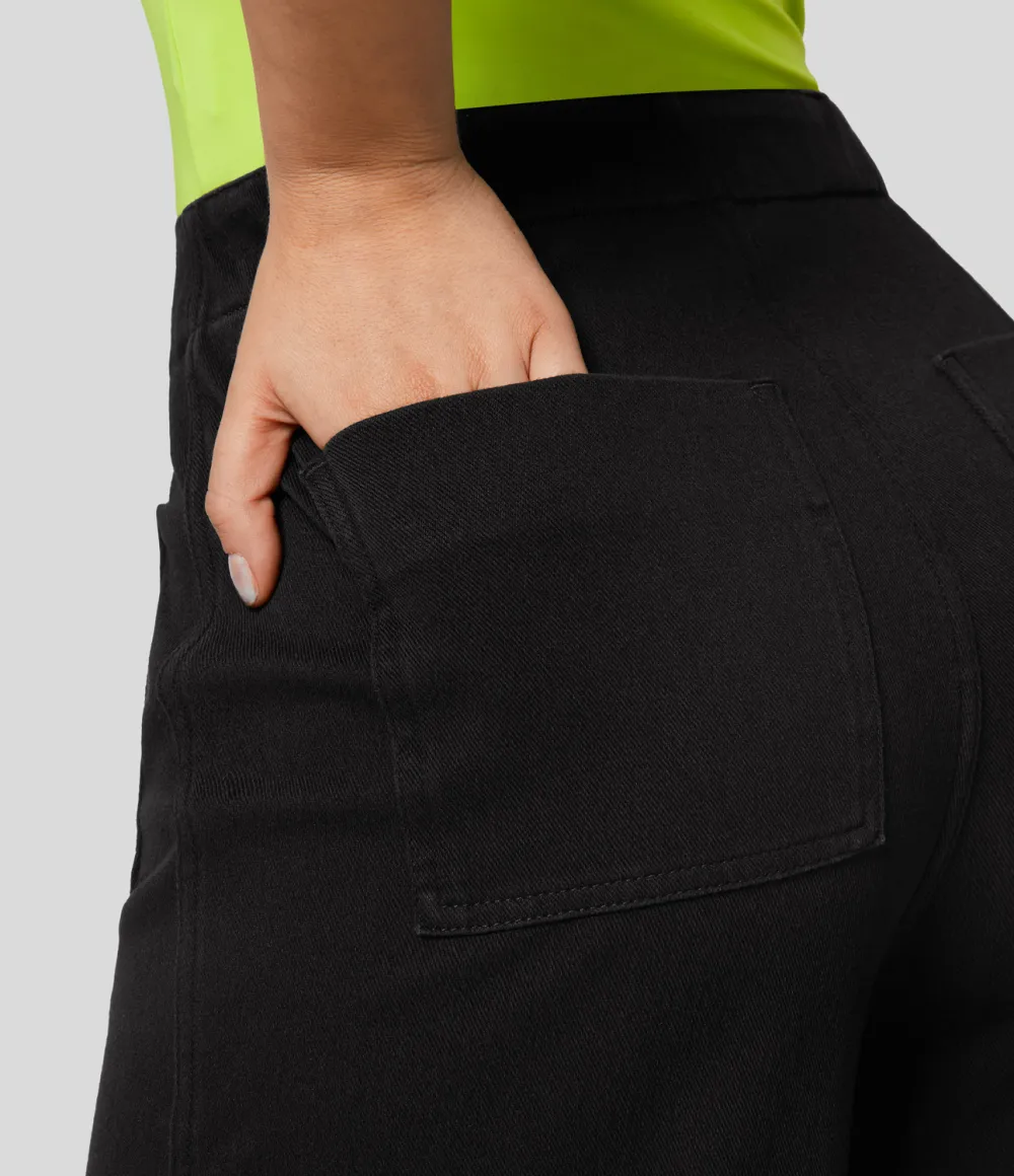 Magic High Waisted Button Pockets Washed Stretchy Knit Casual Wide Leg Jeans