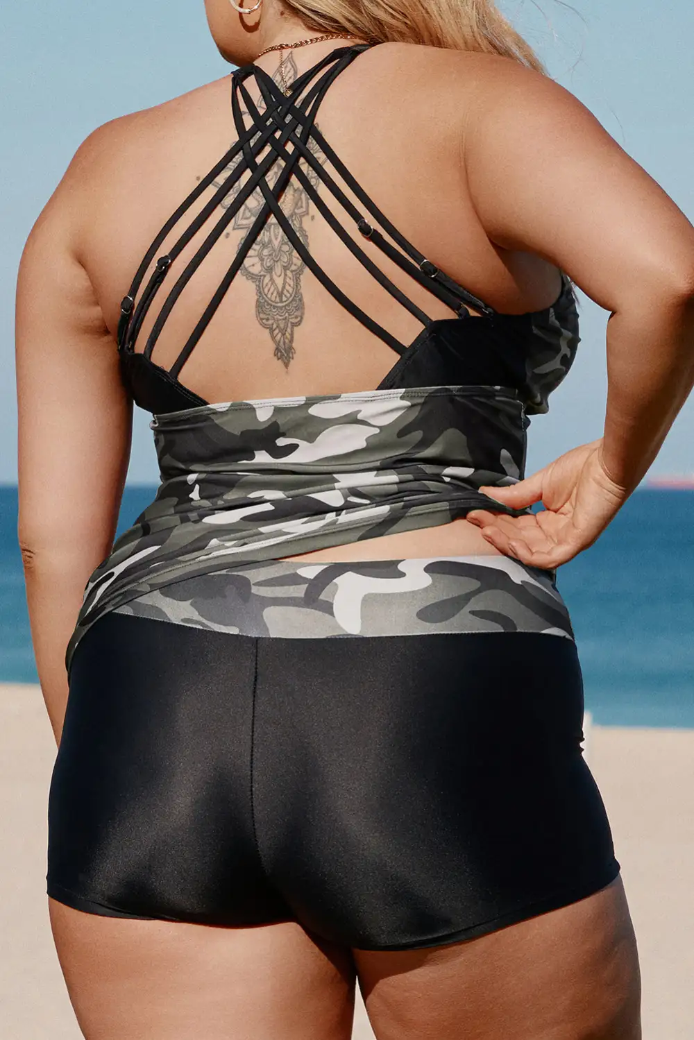 Swimwear Camouflage Print Back Criss Cross Tankini Set
