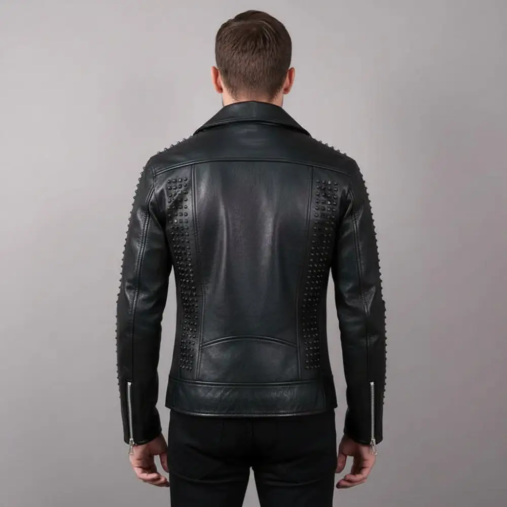 Textured Leather Biker Motorcycle Studded Jacket