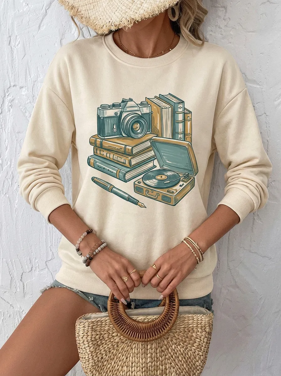 Women's Retro Inspired Camera Books Record Player Printed Sweatshirt