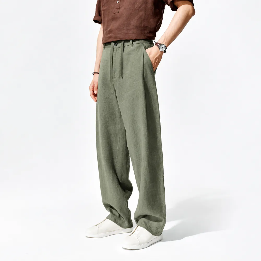 Men's Heavyweight Pure Linen Straight-Leg Casual Trousers – 
