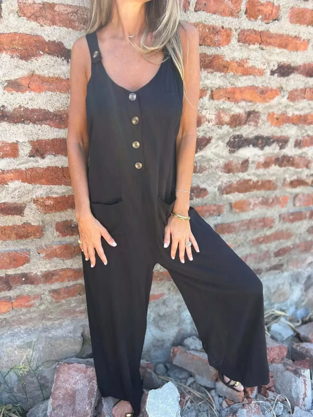 Plus Size Button Front Wide Leg Jumpsuit