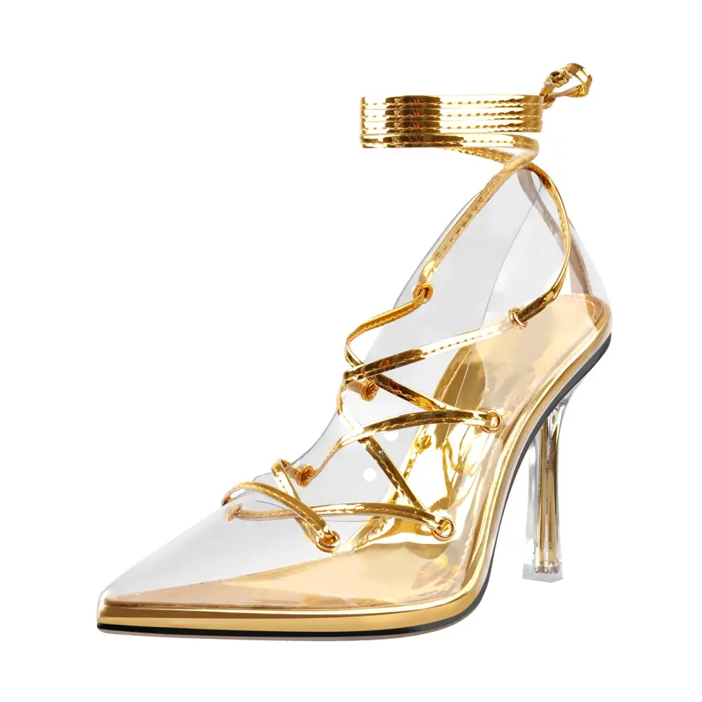 Lace Detail Pointed Toe Transparent Heel Lace Up Pumps
