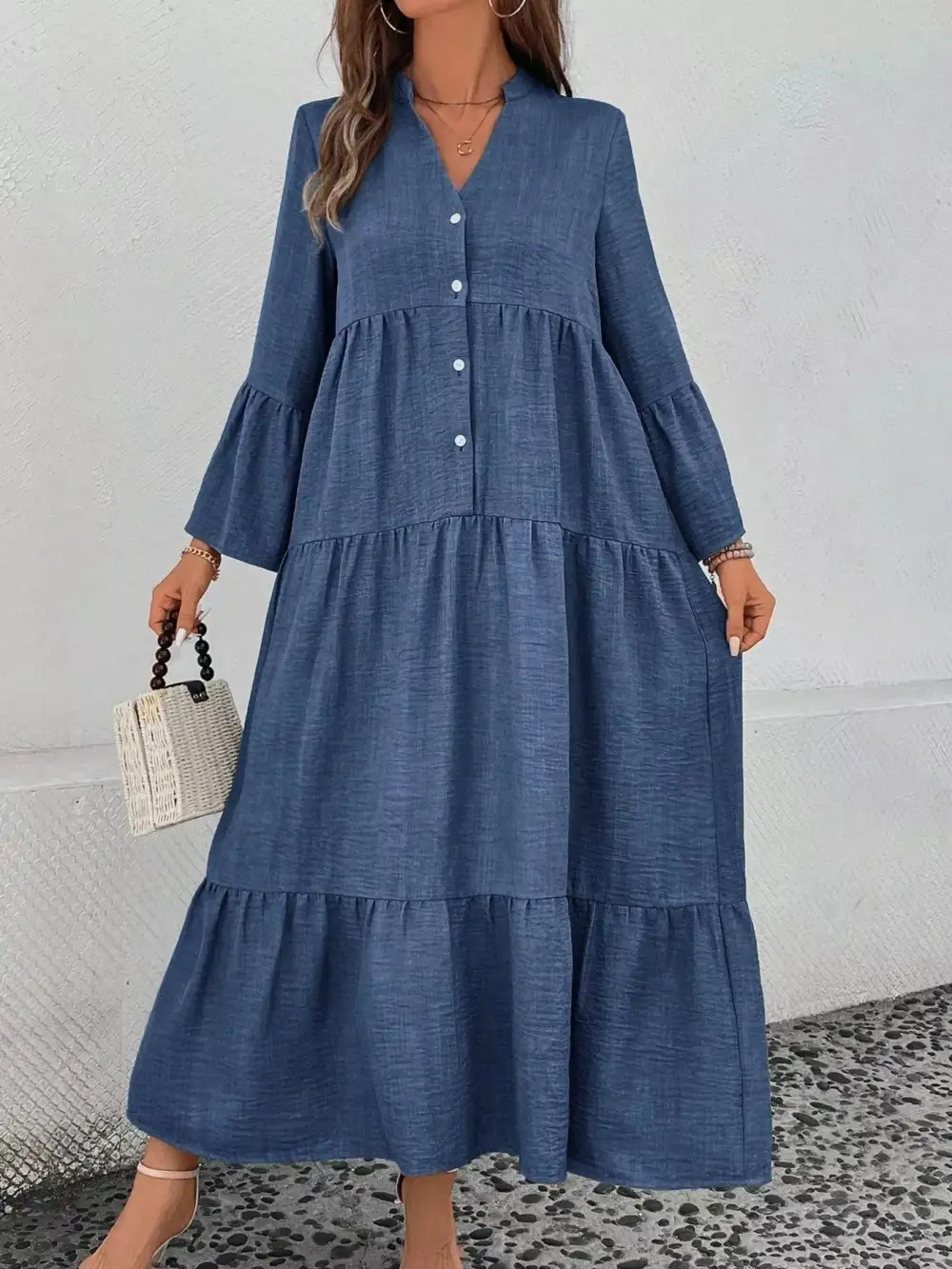 Button Front Ruffle Tiered Dress Casual