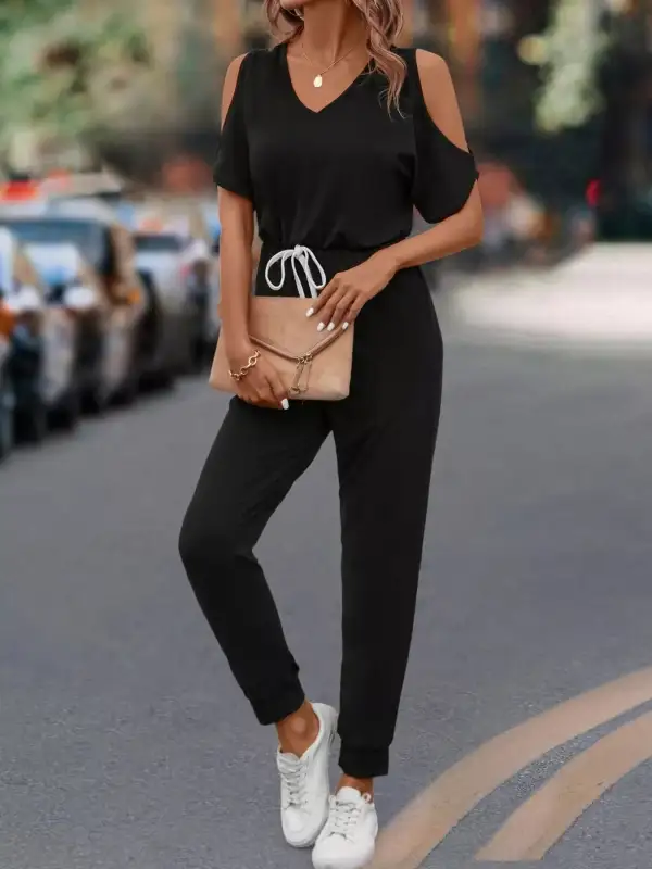 Cold Shoulder V Neck Drawstring Waist Jumpsuit