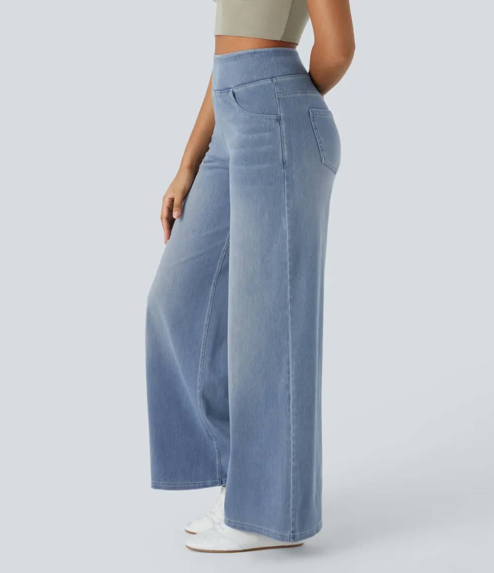 Magic High Waisted Multiple Pockets Wide Leg Washed Stretchy Knit Casual Jeans