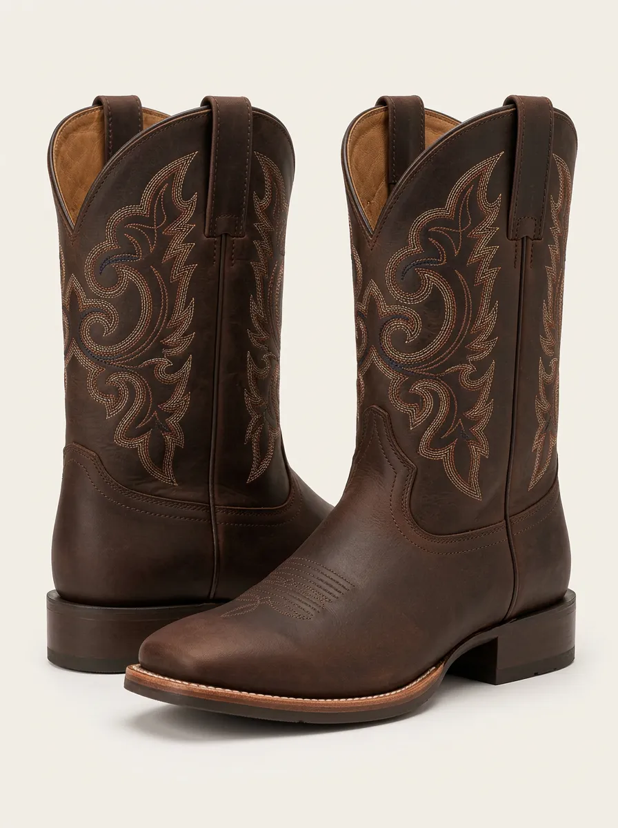 Men's Cowboy Boots featuring Decorative Stitching and Red