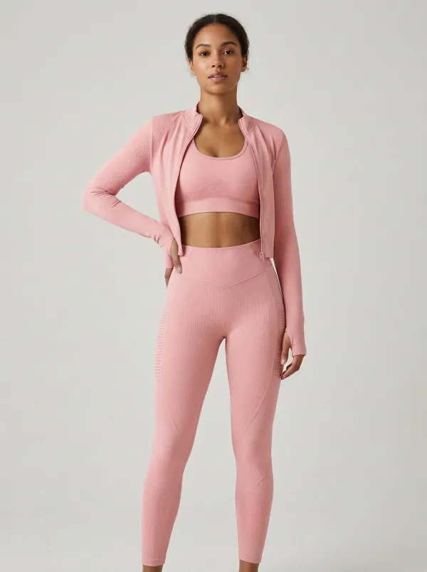 Streetwear Ribbed Texture Seamless Design Silhouette Women's Three Piece Activewear Set
