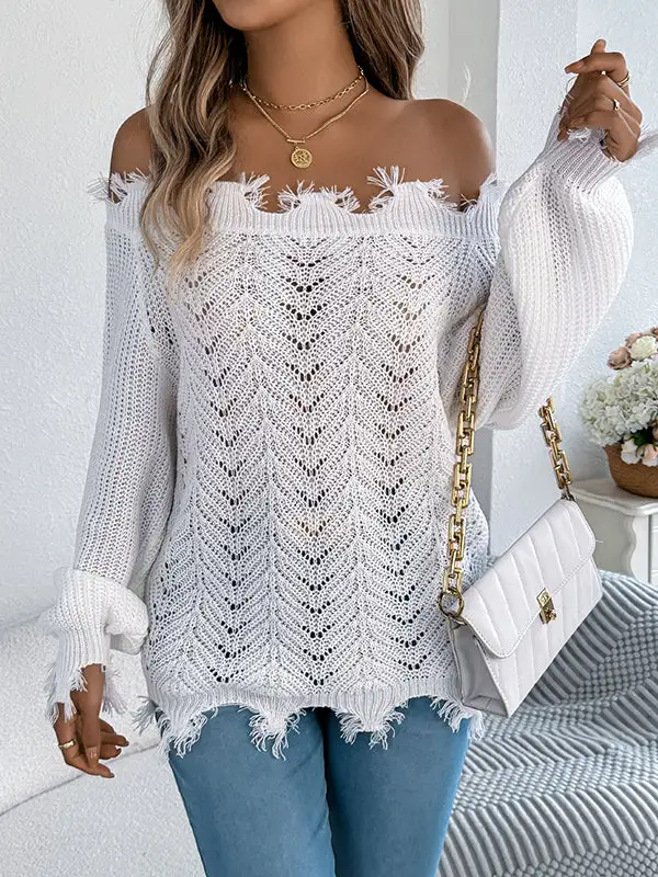 Ribbed Openwork Sheer Detail Off Shoulder Long Sleeve Sweater