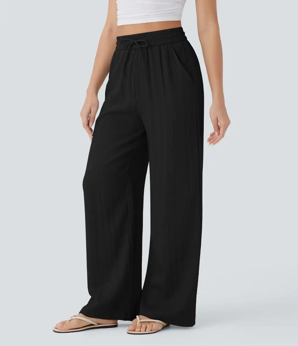 2026🔥 High Waisted Drawstring Pocket Wide Leg Casual Linen-Feel Pants