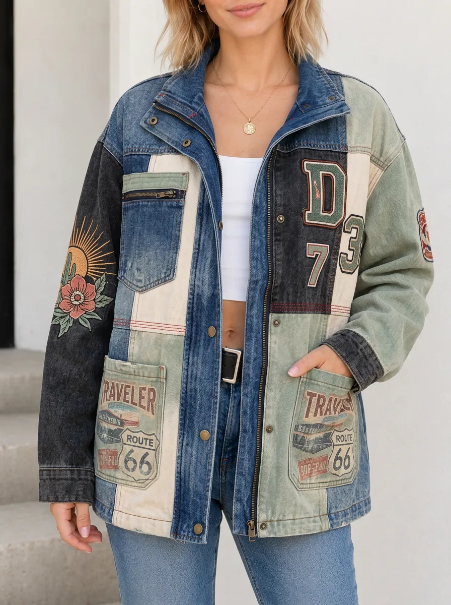 Women's Route 66 Traveler Cactus Floral Patchwork Printed Denim Jacket