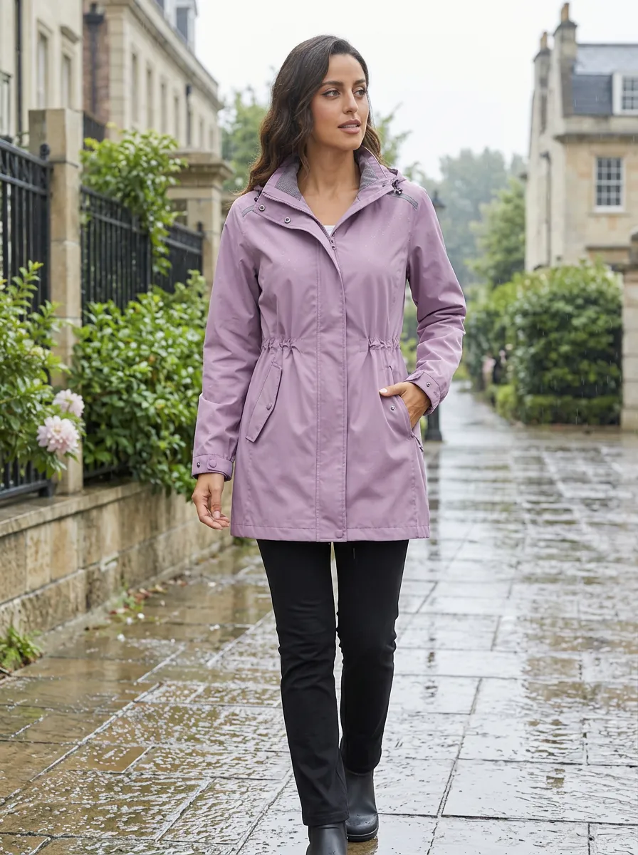 Women's Mauve Hooded Drawstring Waist Waterproof Jacket