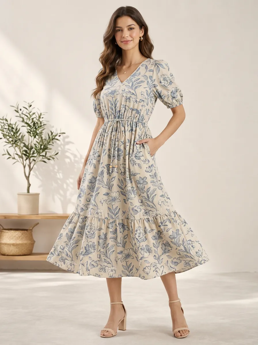 Women's Modern Botanical Floral Printed Midi Dress