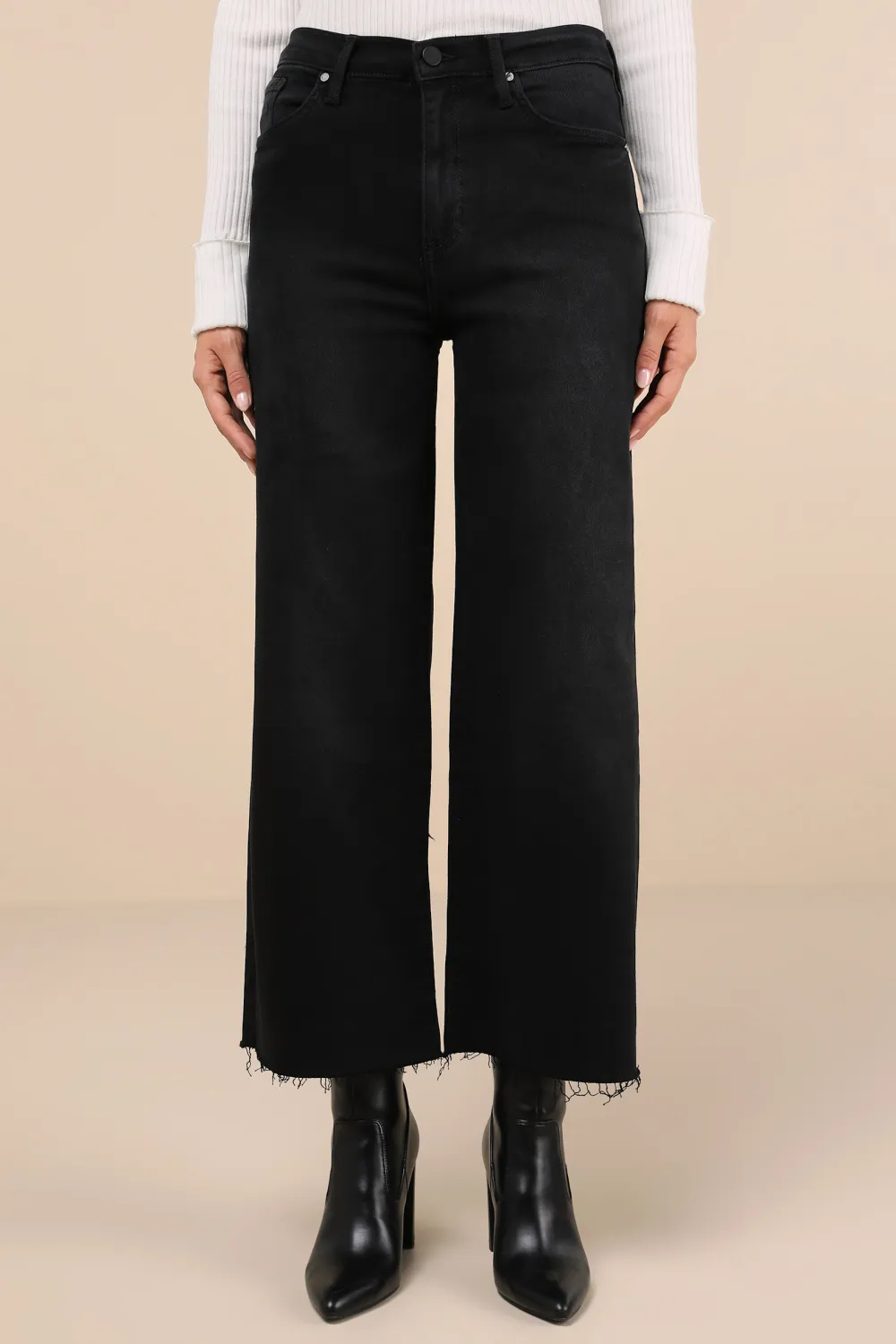 Casual Style Cream Wide-Leg Raw Hem Jeans