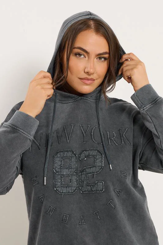 Charcoal Grey 'New York' Embroidered Slogan Hoodie detail 3