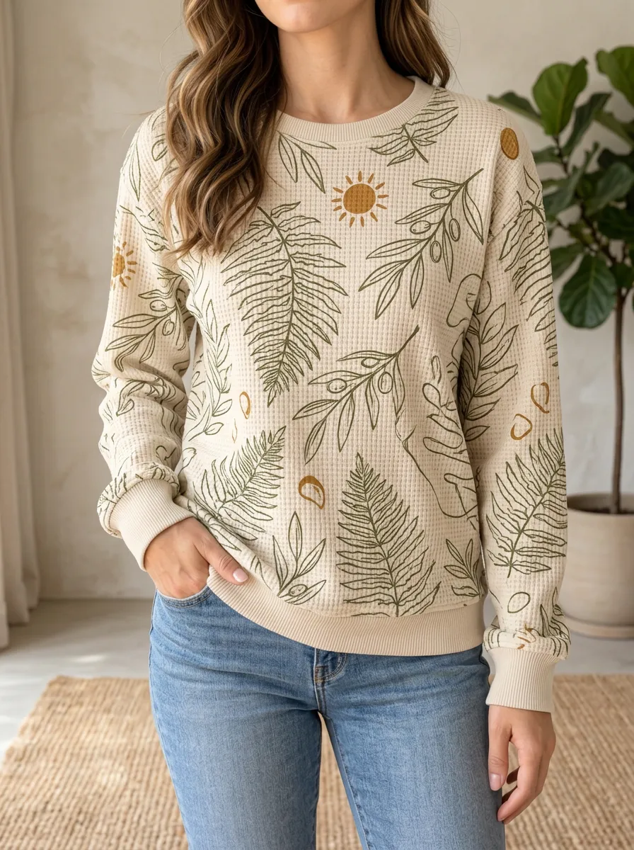 Women's Botanical Sun Fern Waffle Knit Crewneck Sweatshirt