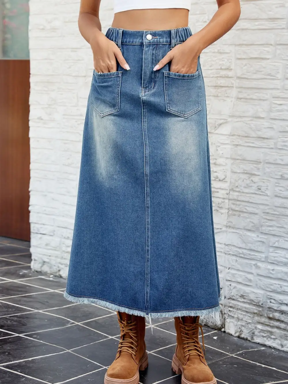 Casual Button Front Denim Detail Skirt