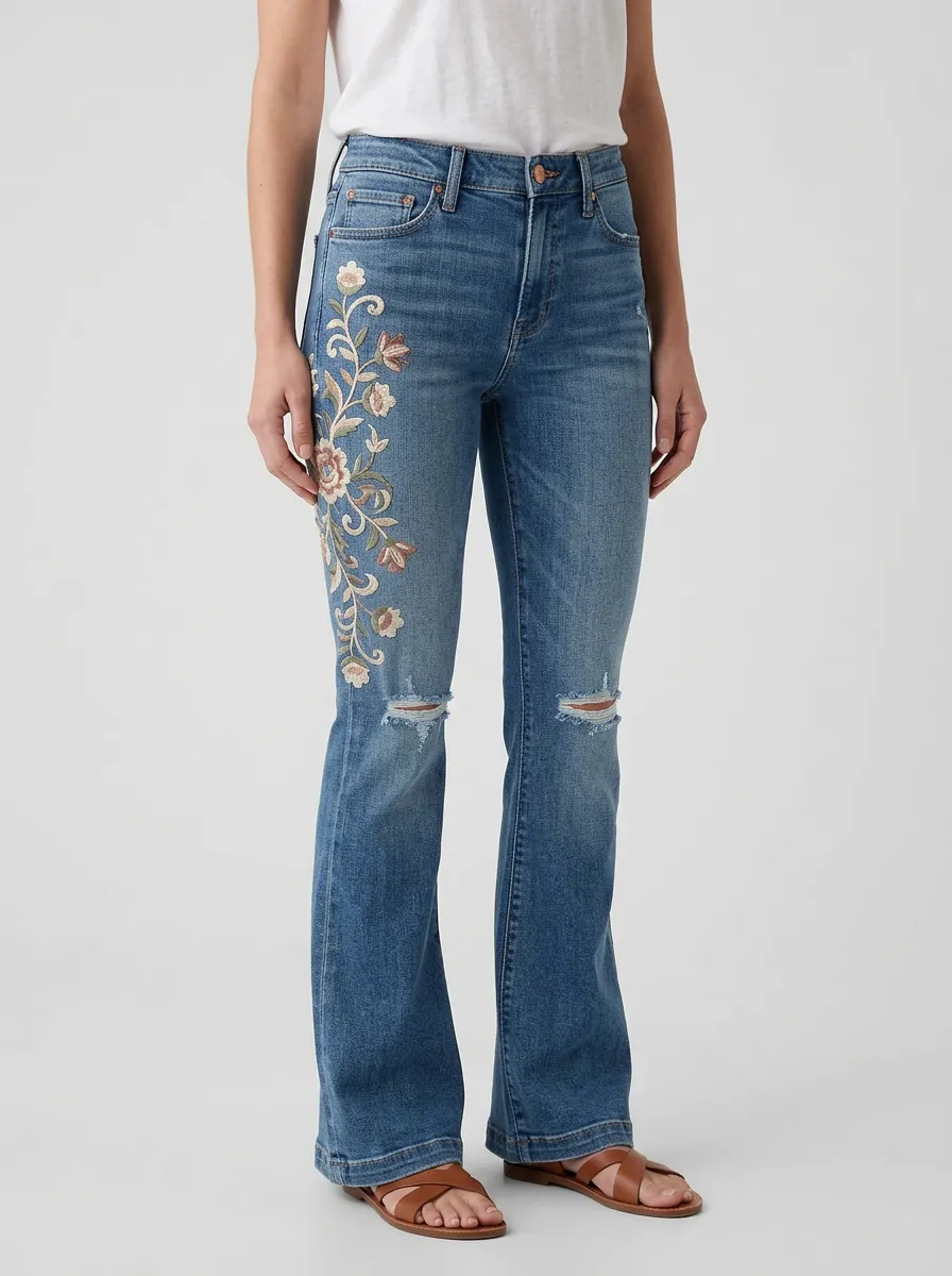 Women's Boho Meadow Medium Wash Floral Embroidery Flare Jeans