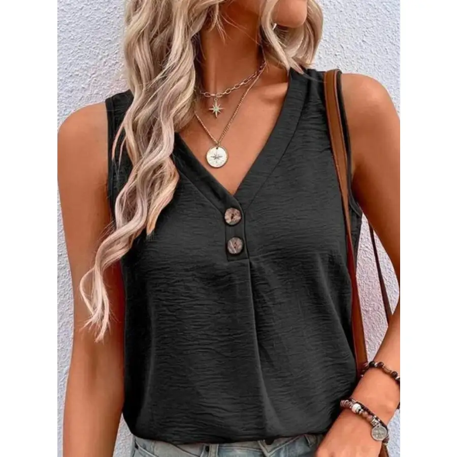 Full Size Decorative Button V Neck Tank