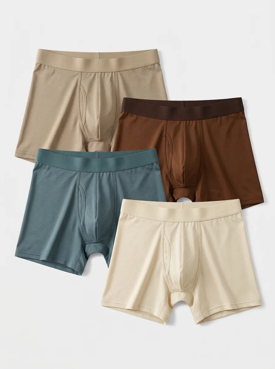 Mesh Cotton Breathable-Look Solid Men's Boxer Briefs Four-Pack
