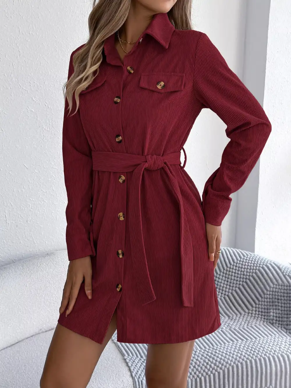 Structured Shape Corduroy Button Front Shirt Dress