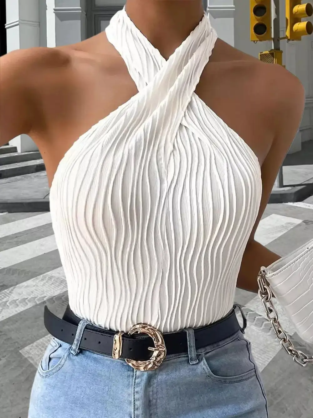 Halter-Neck Buttoned Textured Tank Top