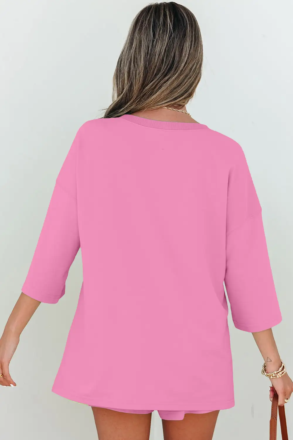 Women's Solid Loose V Neck Half Sleeve Tee and Shorts