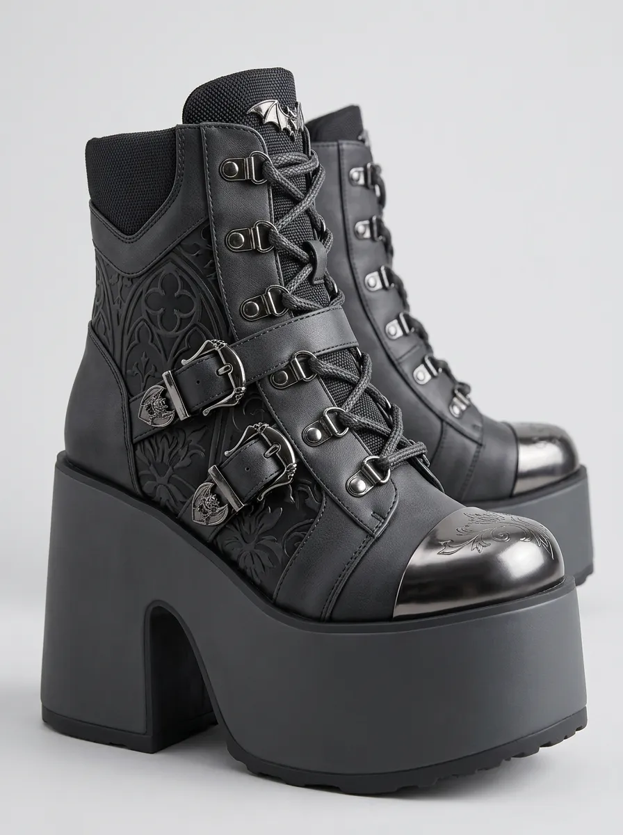 Darkwave Bat Embossed Silhouette Women's Gothic Platform Boots