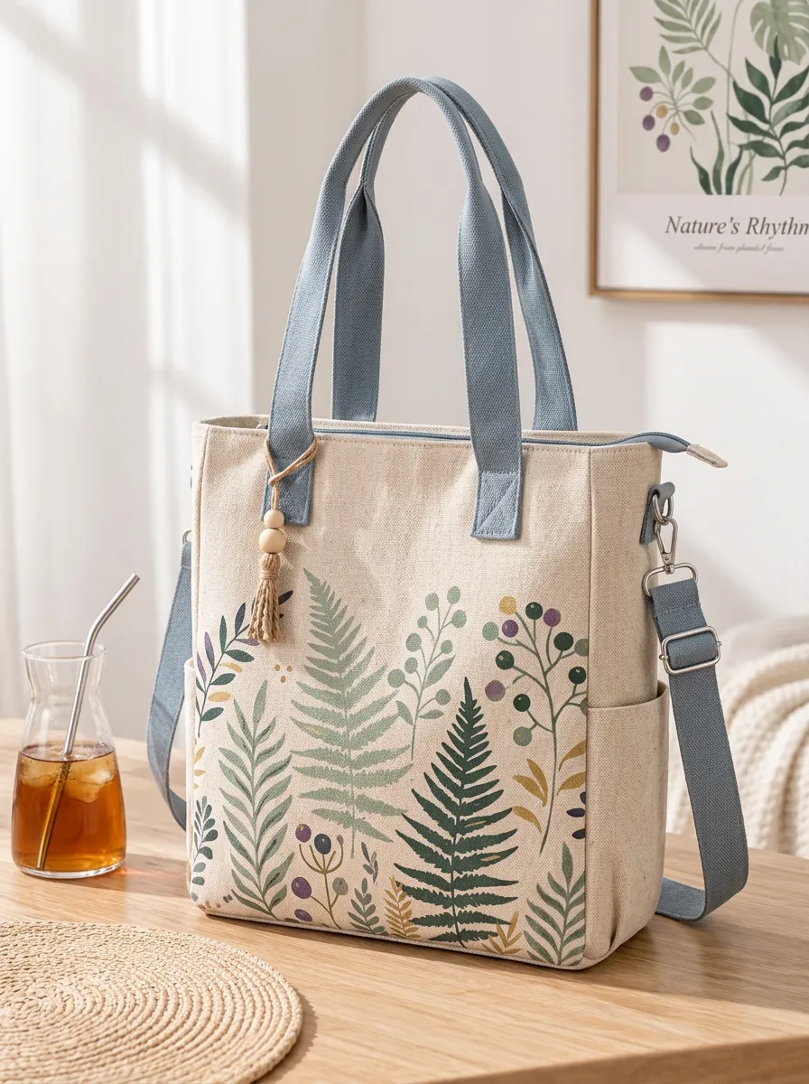 Women's Structured Botanical Fern Leaf Printed Canvas Shoulder Tote Bag