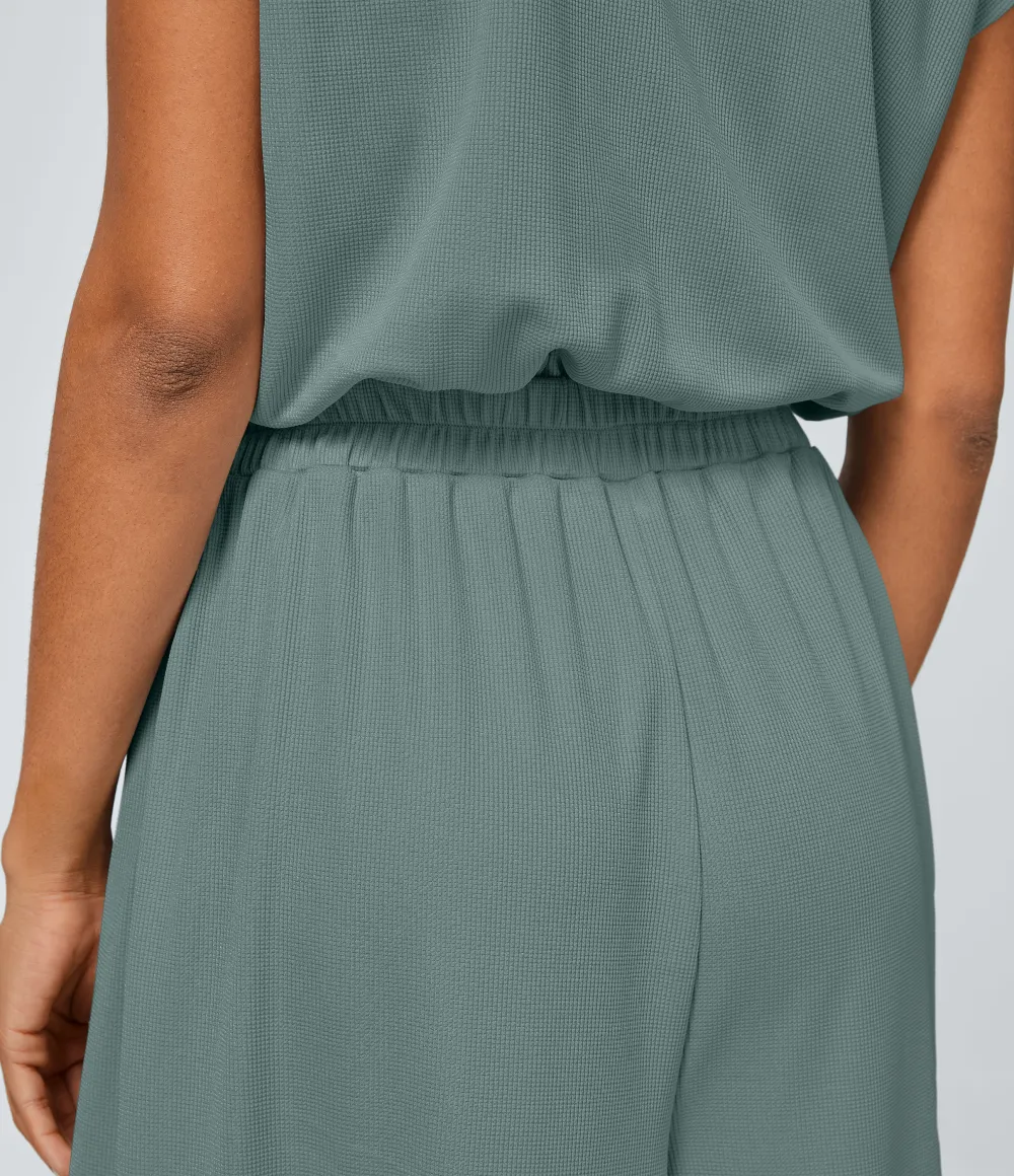 V Neck Short Sleeve Side Pocket Wide Leg Flowy Waffle Casual Jumpsuit