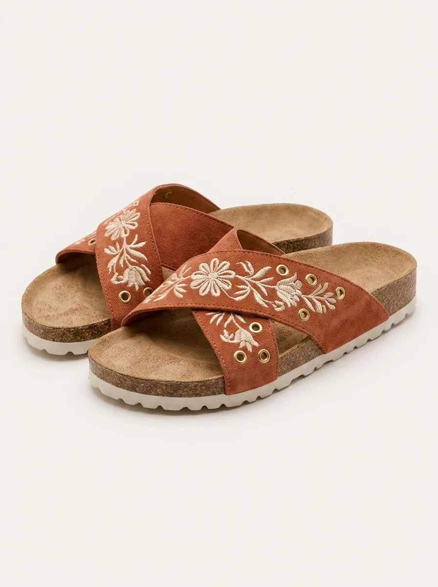 Everyday S Boho Floral Embroidered Cross Strap Cork Sandals