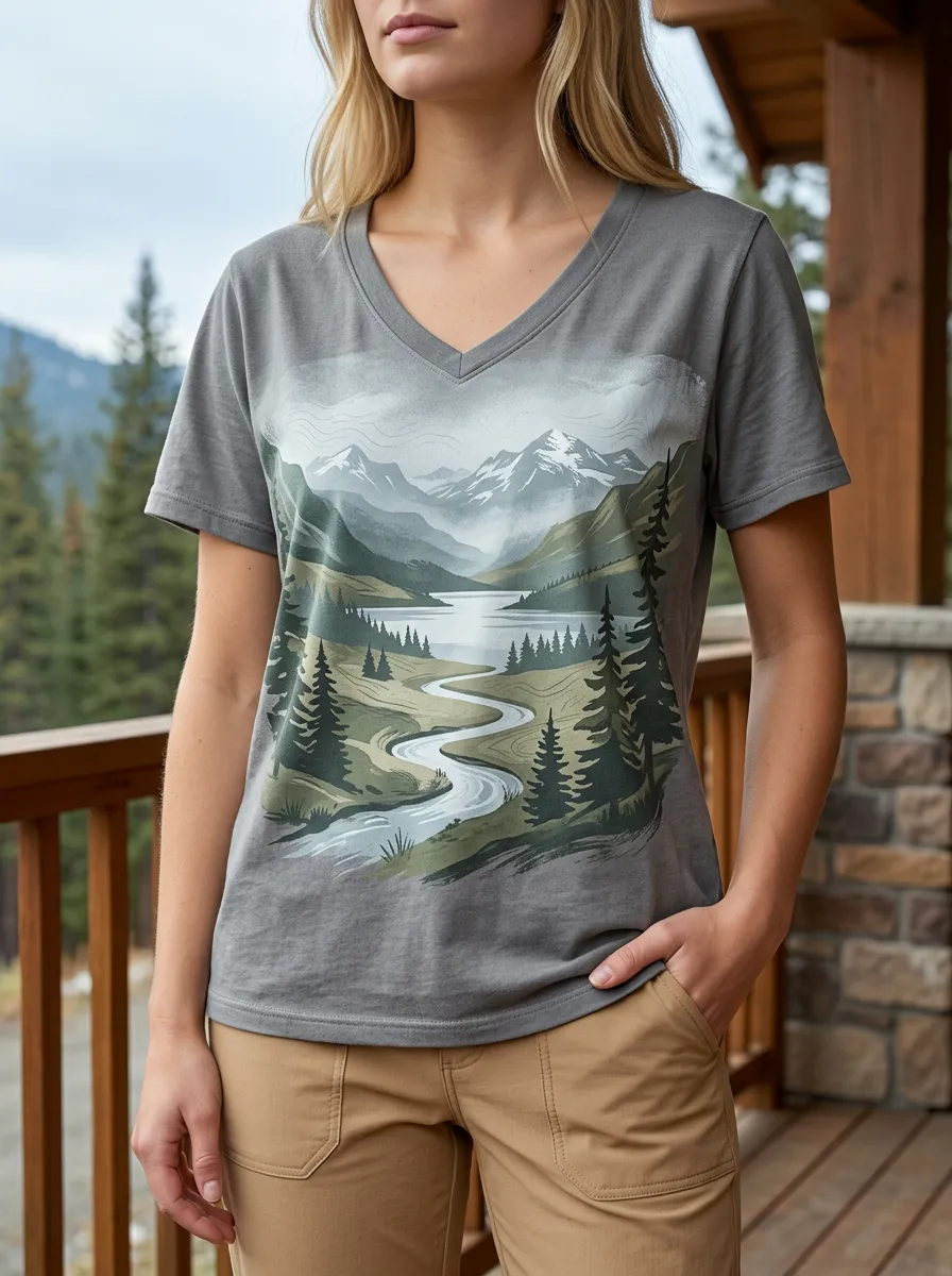 Women's Landscape Nature Lover Mountain River Landscape V-Neck T-Shirt