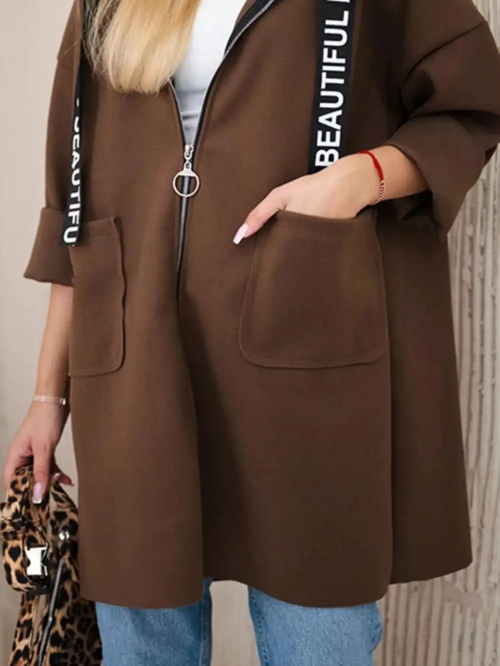 Full Size Hooded Zip-up Longline Outerwear Plus Size