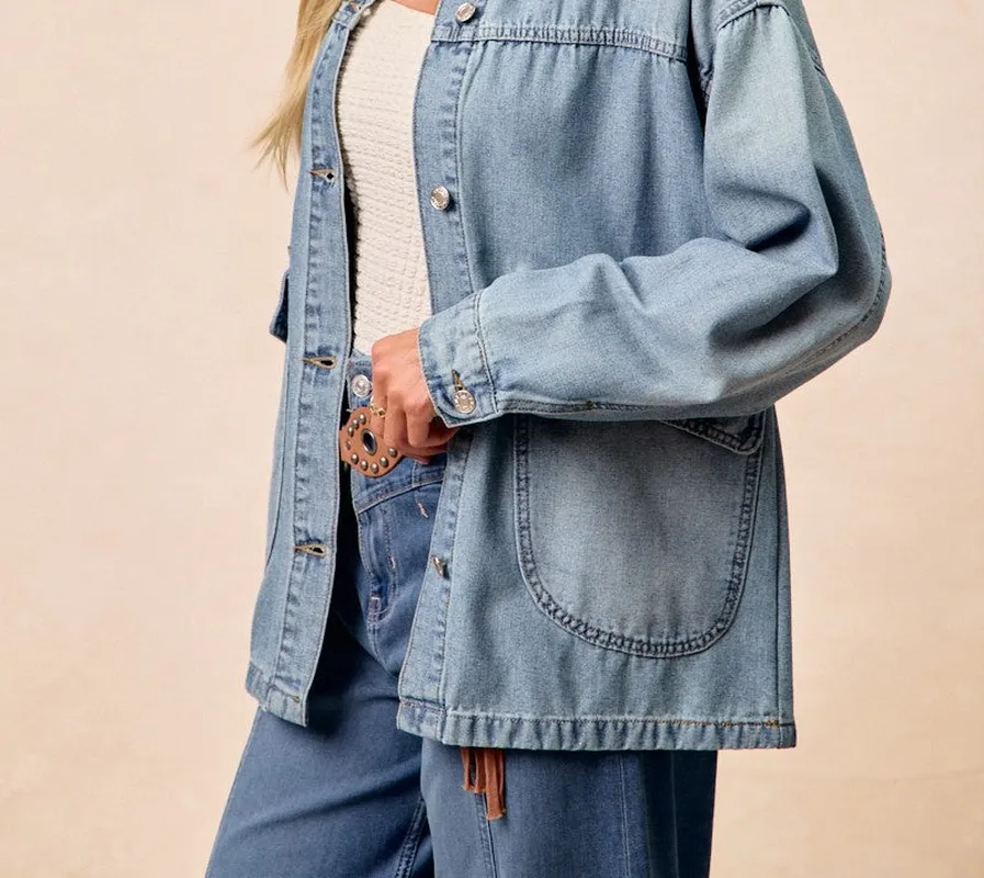 Washed Denim Jacket with Contrast Collar Detail