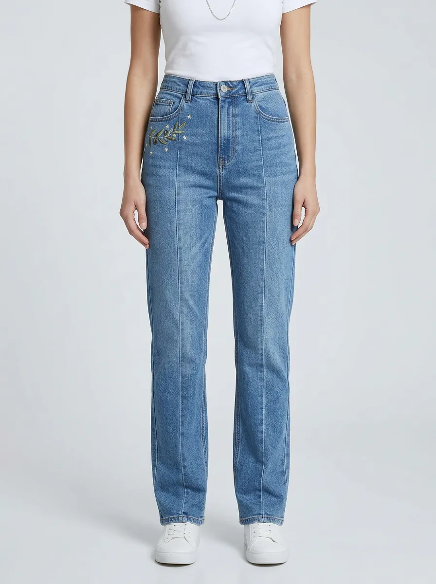 Women's Botanical Branch Embroidered Front-Seam High-Rise Straight-Leg Jeans