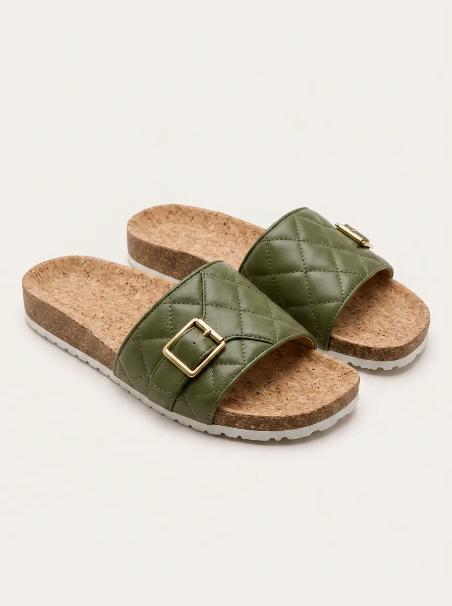 Women's Olive Green Quilted Buckle Cork Footbed Sandals
