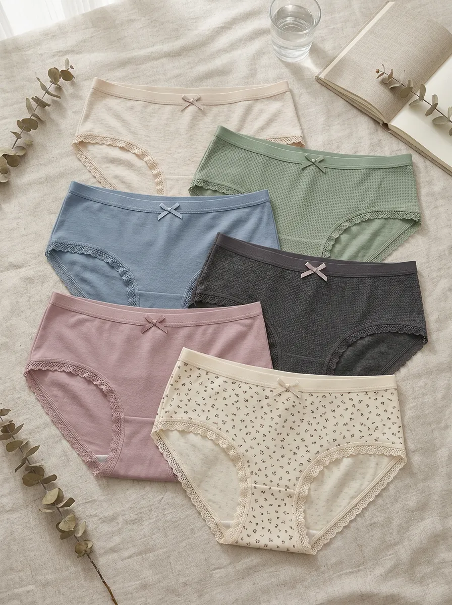 Women's Solid Floral Bowknot Lace Trim Cotton Panties Set