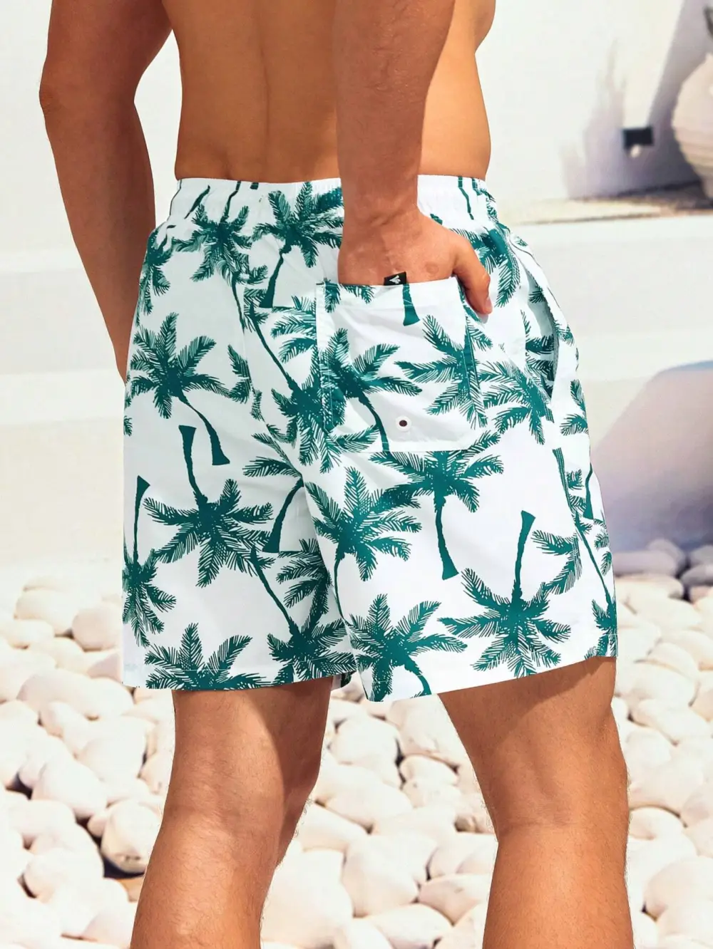 Men's Coconut Tree Print Drawstring Swim Trunks
