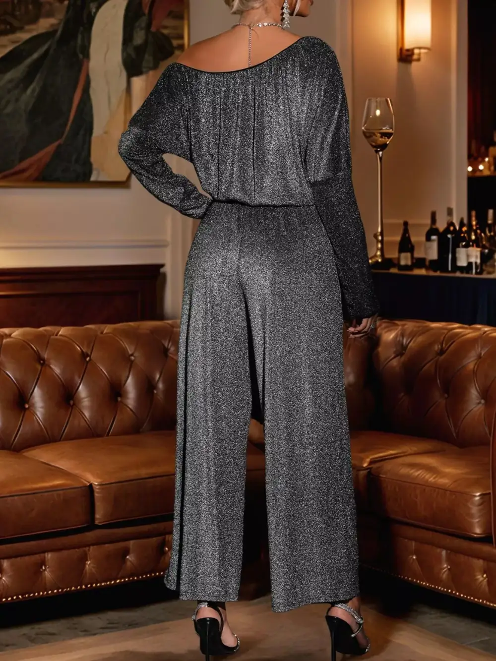 Glitter One Shoulder Long Sleeve Wide Jumpsuit